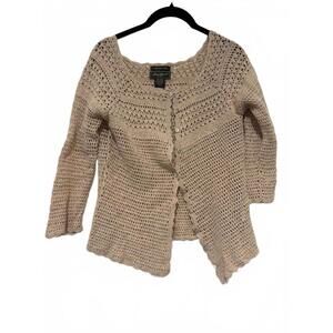 Eddie Bauer beige crochet women's cardigan sweater linen/cotton sz M/P #1494